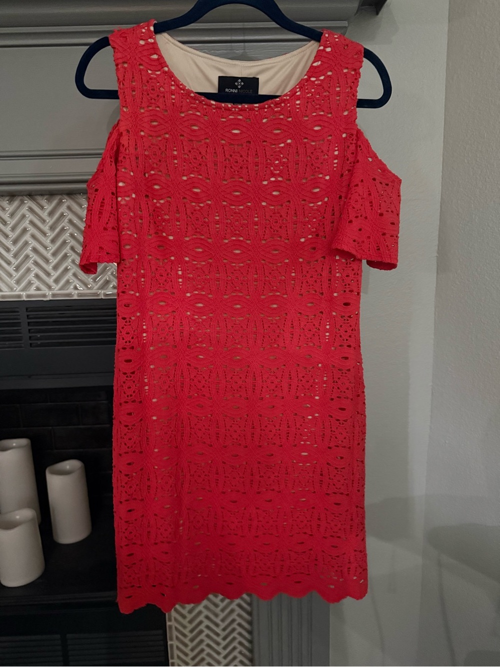 Ronni Nicole Coral Cold-Shoulder Crochet Dress